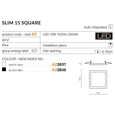 Oprawa podtynkowa Slim 15 Square 3000K IP44 (white) AZ2837 AZZARDO