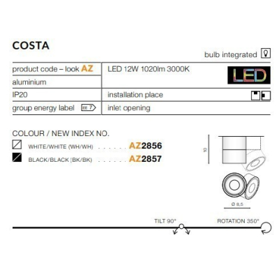 lafabryka.pl Costa 4000K (black) LED 12W 1100lm 4000K METAL AZ4553 AZZARDO