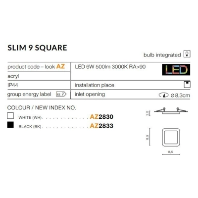 Oprawa podtynkowa Slim 9 Square 3000K IP44 (white) AZ2830 AZZARDO