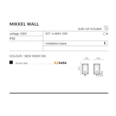 lafabryka.pl Kinkiet Mikkel Wall (black) E27 1x MAX 25W IP65 METAL PC AZ4484 AZZARDO